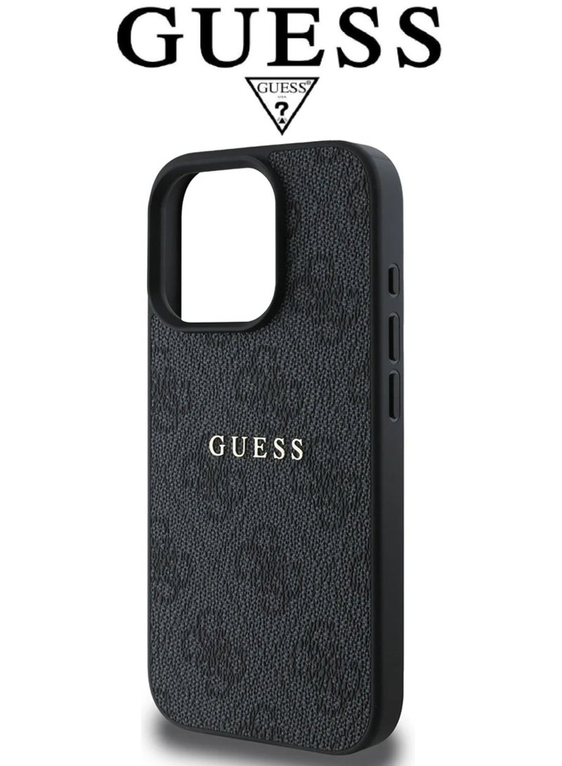 CG MOBILE IPhone 16 Pro Max cover,supports MagSafe wireless charging, with a logo and a leather French design certified in partnership with GUESS and CG MOBILE. In Black - Image 5